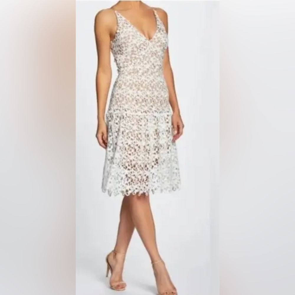 [ DRESS THE POPULATION ] White Lace Overlay Flare Dress : XXL : NWOT